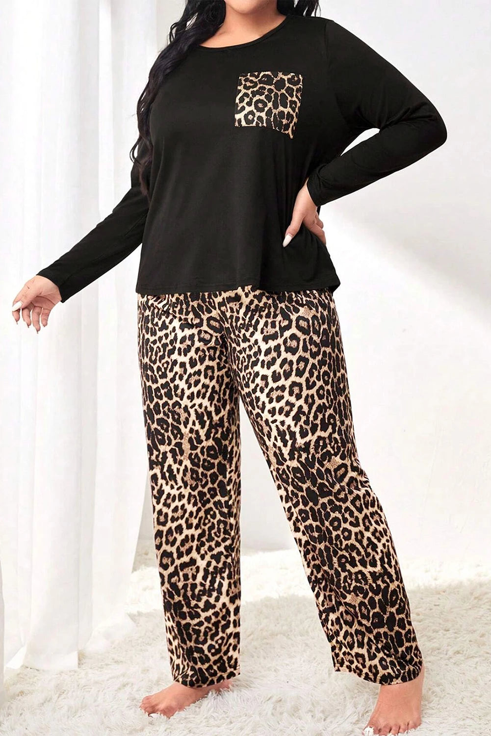 On-Hand - Black Leopard Patched Pocket Long Sleeve Top Plus Size Pajama Set