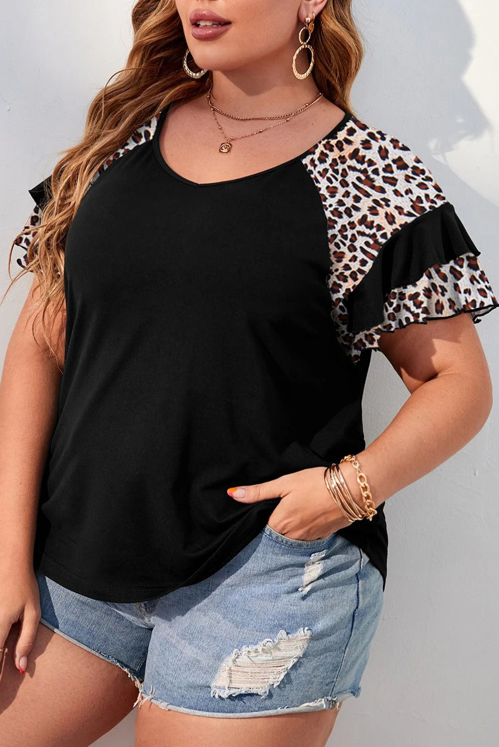 Black Leopard Ruffle Patchwork Sleeve Plus Size Summer Top