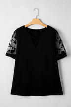 Black Plus Size Floral Mesh Patchwork Loose V Neck T Shirt
