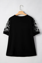 Black Plus Size Floral Mesh Patchwork Loose V Neck T Shirt