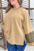 Laurel Green Exposed Seam Texture Patchwork Plus Size Drop Shoulder Pullover