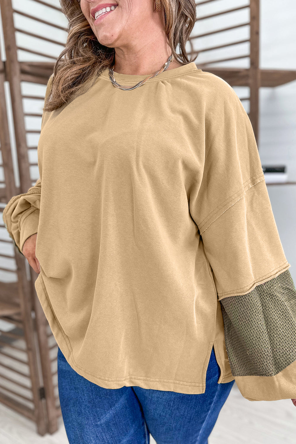 Laurel Green Exposed Seam Texture Patchwork Plus Size Drop Shoulder Pullover