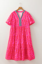 Red Geometric Print Pop of Color Neckline Puff Sleeve Plus Size Dress