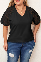 Black Mesh Sleeve V Neck Plus Size T Shirt