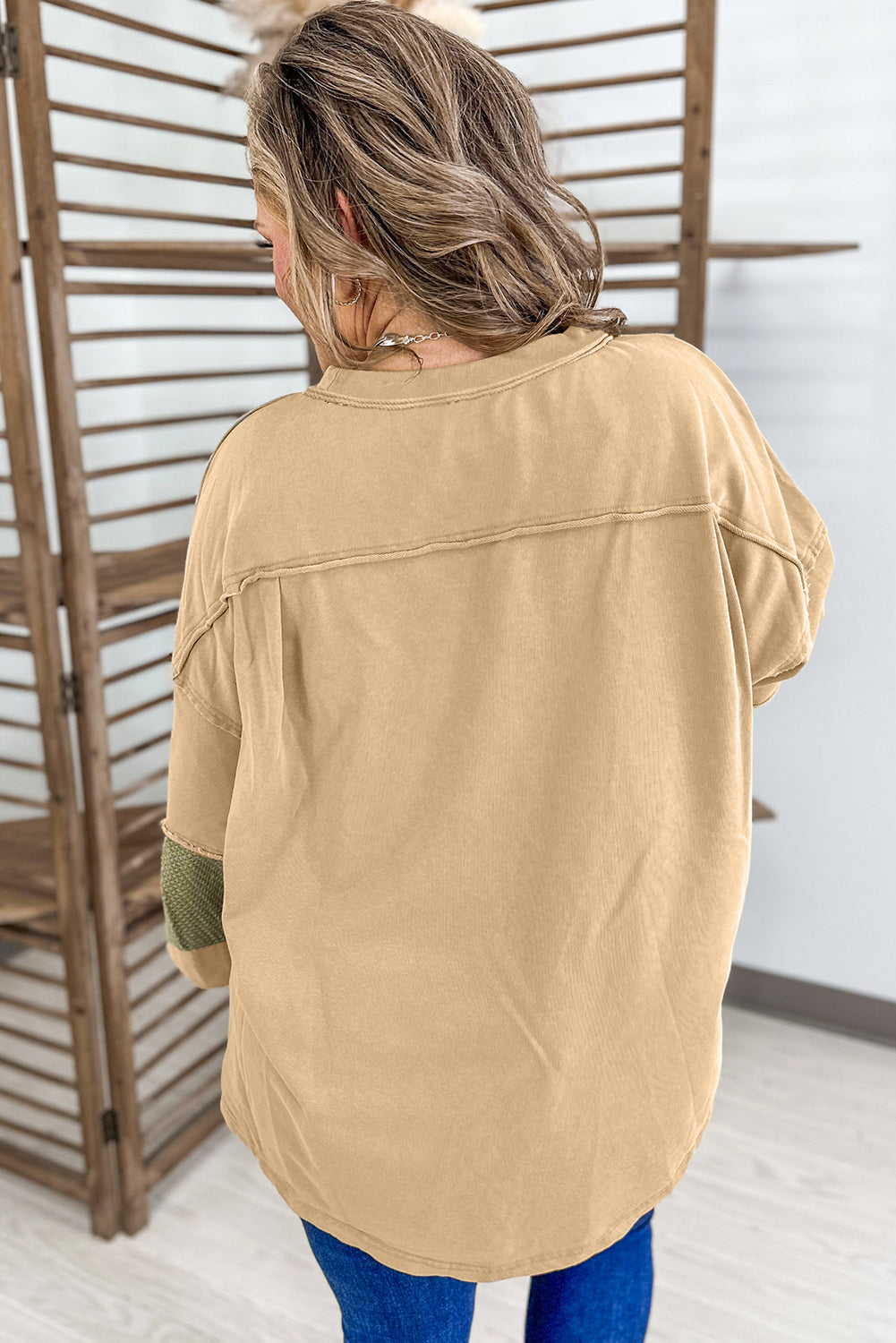 Laurel Green Exposed Seam Texture Patchwork Plus Size Drop Shoulder Pullover