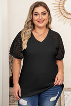 Black Mesh Sleeve V Neck Plus Size T Shirt