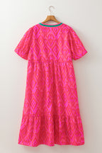 Red Geometric Print Pop of Color Neckline Puff Sleeve Plus Size Dress