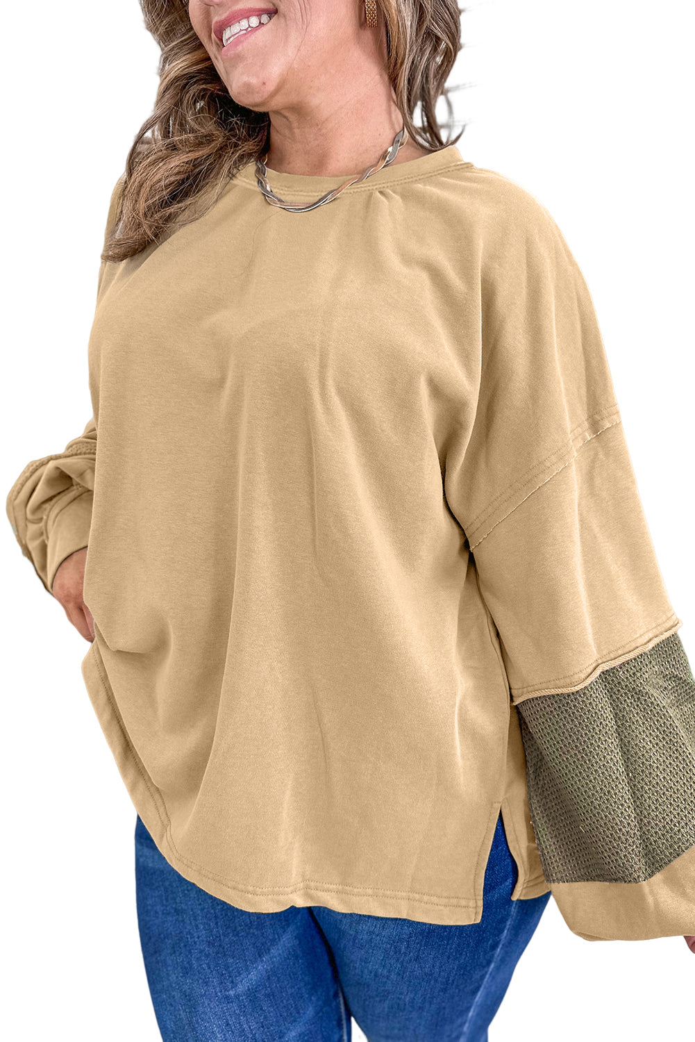Laurel Green Exposed Seam Texture Patchwork Plus Size Drop Shoulder Pullover