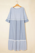 Sky Blue Crisscross Lace Detail Mixed Striped Patchwork Plus Size Dress