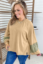 Laurel Green Exposed Seam Texture Patchwork Plus Size Drop Shoulder Pullover