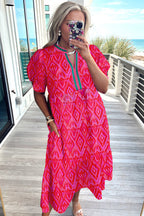 Red Geometric Print Pop of Color Neckline Puff Sleeve Plus Size Dress