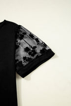 Black Plus Size Floral Mesh Patchwork Loose V Neck T Shirt