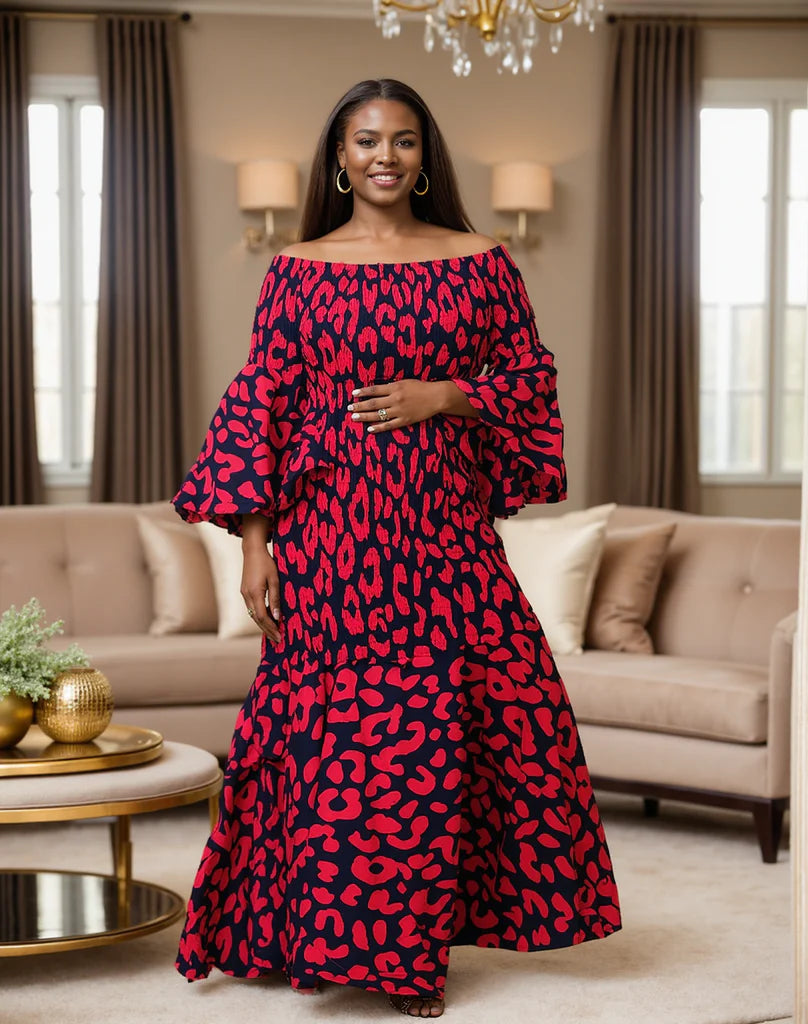 African Print Off-shoulder Smocking Dress
