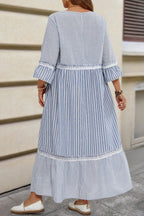 Sky Blue Crisscross Lace Detail Mixed Striped Patchwork Plus Size Dress