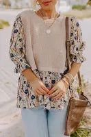 Beige Faux Two Piece Knit Patchwork Floral Plus Size Top