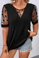 On-Hand - Plus Size Floral Mesh Patchwork Loose V Neck T Shirt