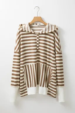 On-Hand - Stripe Drop Sleeve Plus Size Henley Hoodie