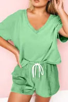 Mint Green Plus Size V Neck Tee and Patched Pocket Drawstring Shorts Set
