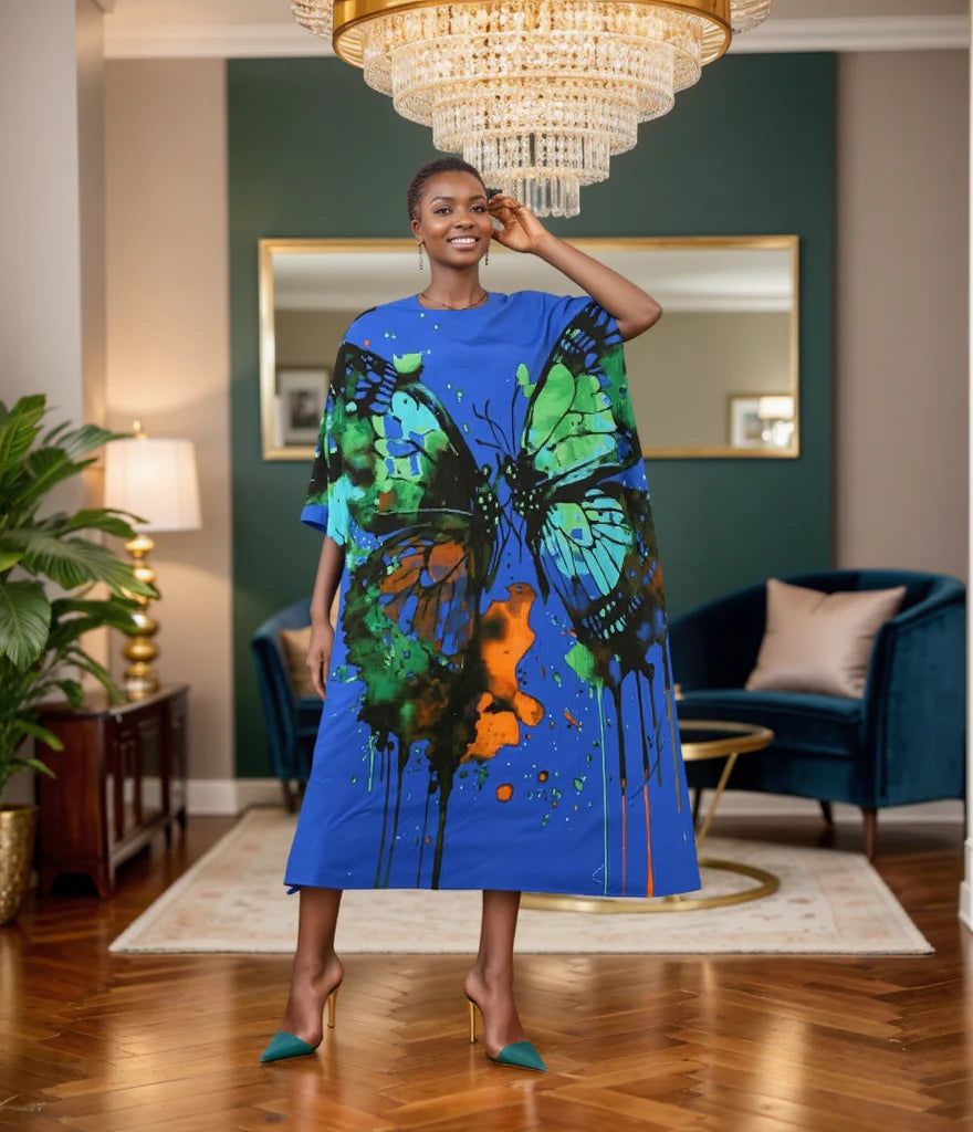 Colorful Print Comfortable Kaftan Dress with Headwrap
