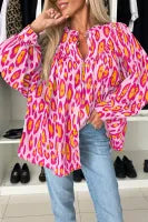 Rose Red Leopard Print Balloon Sleeve Loose Blouse