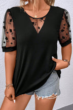 Black Plus Size Floral Mesh Patchwork Loose V Neck T Shirt