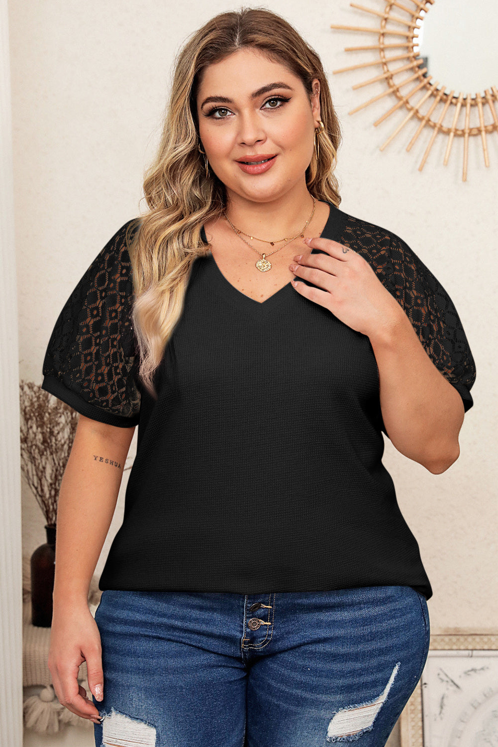 Black Mesh Sleeve V Neck Plus Size T Shirt
