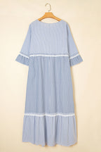 Sky Blue Crisscross Lace Detail Mixed Striped Patchwork Plus Size Dress