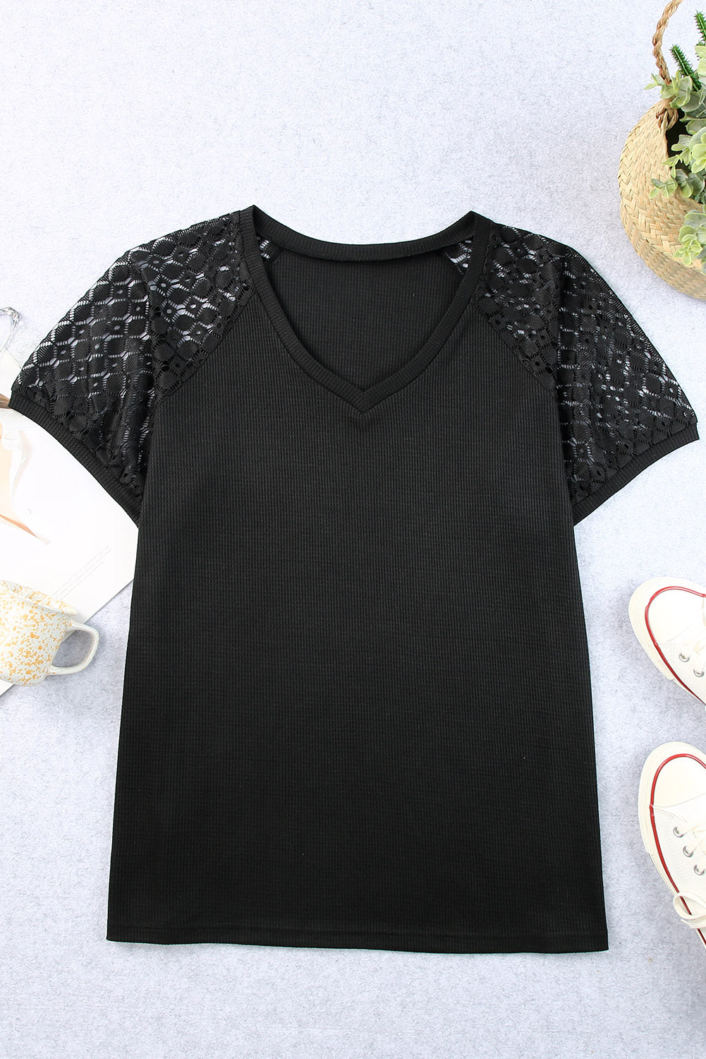 Black Mesh Sleeve V Neck Plus Size T Shirt