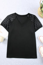 Black Mesh Sleeve V Neck Plus Size T Shirt