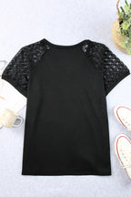 Black Mesh Sleeve V Neck Plus Size T Shirt