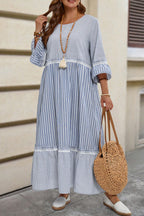 Sky Blue Crisscross Lace Detail Mixed Striped Patchwork Plus Size Dress